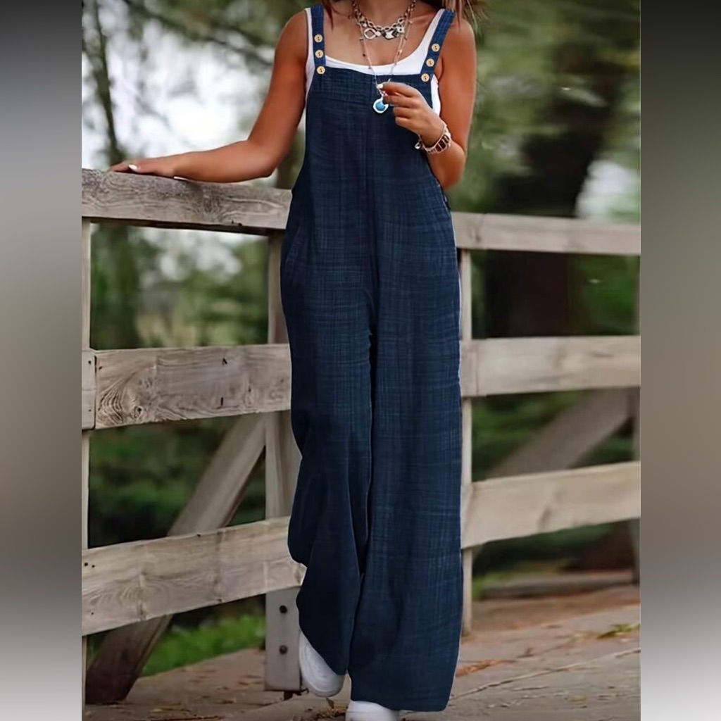 Navy Blue Spaghetti Strap Button Detail Pocket Cami Wide Leg Jumpsuit